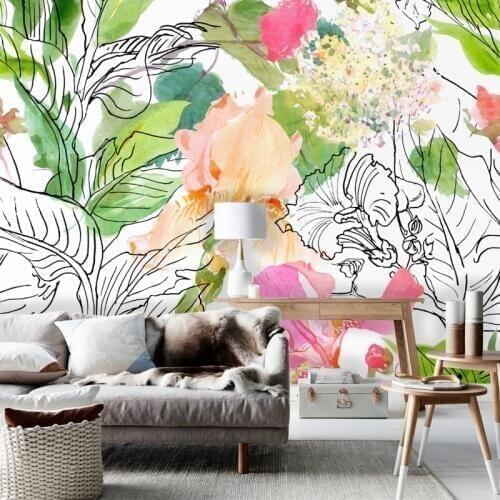 Tuya Art floral wallpaper modern pencil watercolour painting flowers wall mural on wall for livingroom home decor free shipping