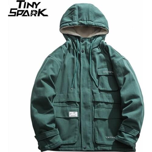 Hip Hop Streetwear Jacket Vintage Retro Plain Jacket Coat 2021 Men Autumn Harajuku Cotton Fleece Hooded Jacket Coat Outwear