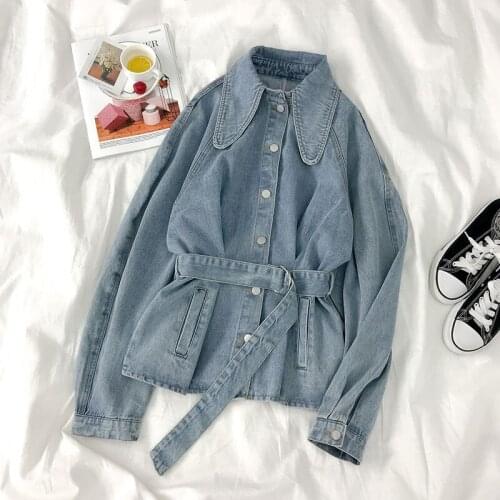 WEIHAOBANG 2021 Spring Autumn new Women Retro Single Breasted Denim Outerwear Doll Collar Loose Band belt Jacket Top