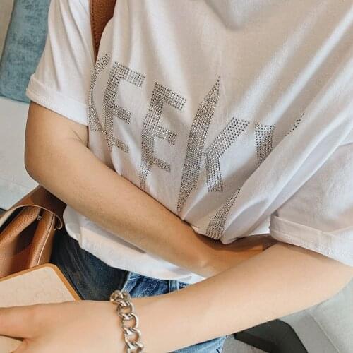 2021 Womens Bling Beading Printed T-shirt Top Anime Y2k Za Woman Tee Shirt Kawaii Short Sleeve Clothes Blouse Goth White Black