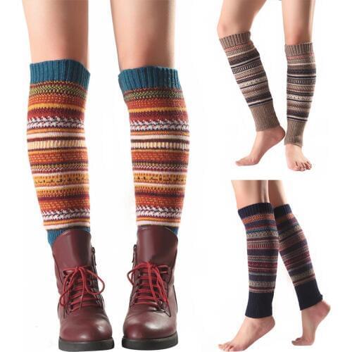 Women Striped Knitted Leg Warmers Winter Footless Knee High Fashion Boot Socks