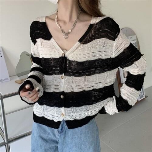 Summer Women V-Neck Hollow Out Knitted Sweaters Striped Loose Ladies Korean Cardigan Single Breasted Thin Sueter Mujer Female
