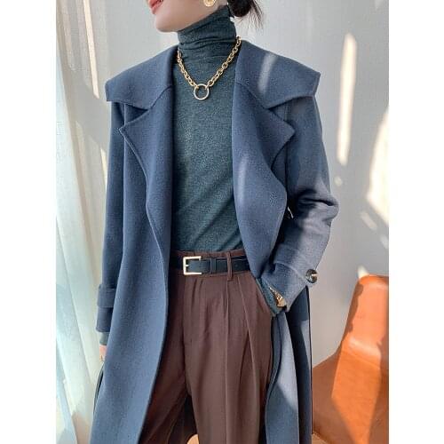 Double Sided Cashmere Coat Womens Mid Long 2021 New Korean Loose Navy Lapel Woolen Coat Womens Autumn Winter Coat