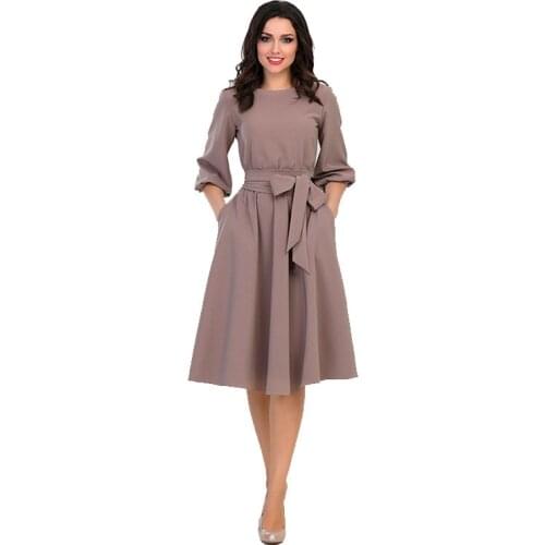 Plus size women clothes Autumn green khaki blue long sleeve o-neck pocket A-line midi dress with sash,robe grande taille femme