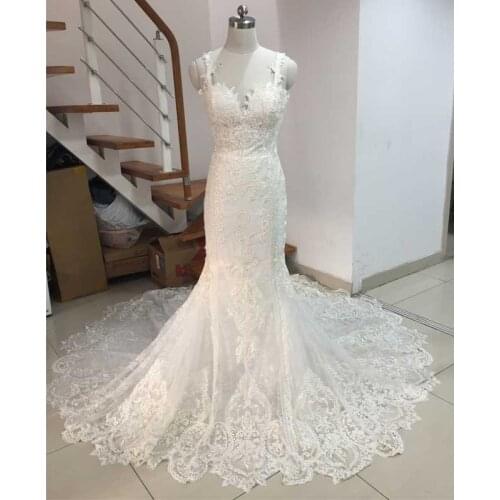 Elegant White Spaghetti Strap Mermaid Wedding Dresses Bridal Gown Backless Full Lace Appliques Backless Country Wedding Gowns