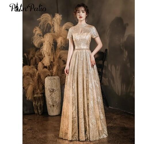 Gold Evening Dresses Long 2021 Elegant Modest Neck A-line Floor-length Glitter Backless Prom Gowns