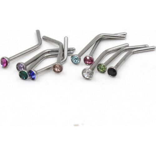10pcs mix colors stainless steel crystal rhinestone nose studs L Shape hooks bar body piercing jewelry for women free shipping