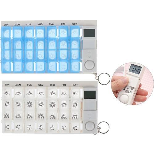 7 Days Pill Box Medicine Pill Case Organizer LED Timer Reminder 28 Grids Weekly Tablets Storage Pill Dispenser Alarm Clock