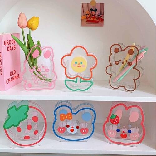 Kawaii Acrylic Pen Holder Desktop Organizer Creative Cute Bear Bunny Office Stationery Cosmetics Storage Box Cute Gift