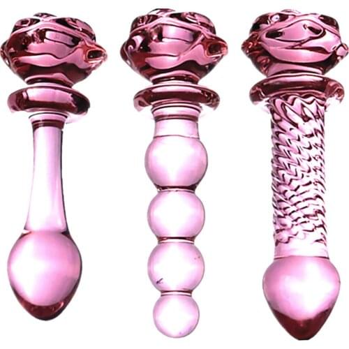 Pink Rose Glass Anal Plug Smooth Anal Beads Prostata Massage Glass Butt Plug Adult Sex Toys for Women Men Glass Dildo