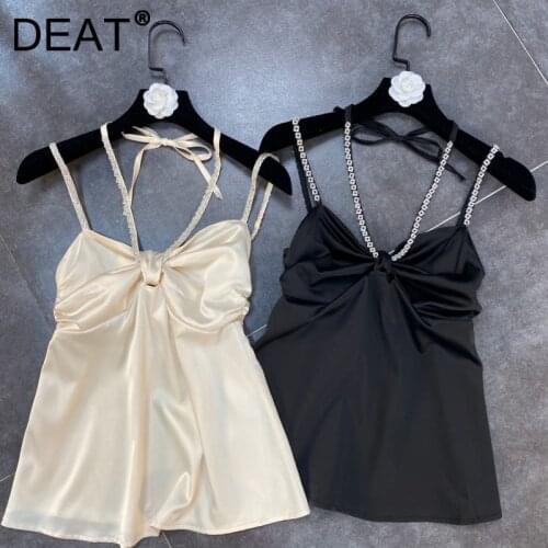DEAT 2021 Spring New Arrivals Solid Color Diamond Neck Strap Shoulder Strap Button And Bow Sexy Style Vest MZ327