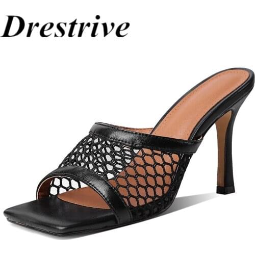 Drestrive 2021 Summer Slippers Mesh Square Toe Thin High Heel Shoes Size 43 Women Sandals Black Pathwork PU Leather