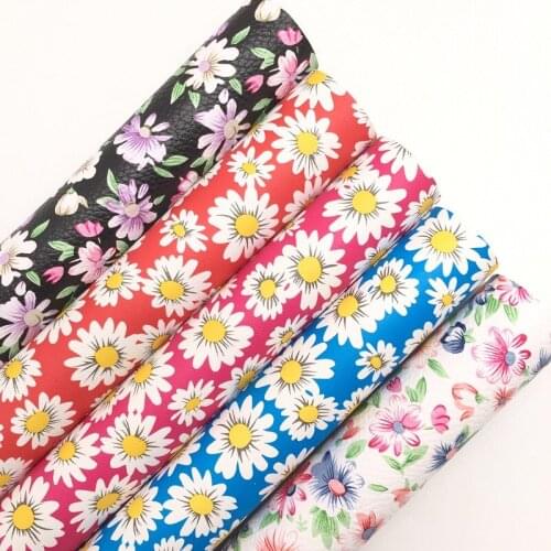 LEOsyntheticoDIY Daisy Flowers Printed Synthetic Faux Leather Vinyl Fabric Sheets Felt Backing For DIY Bows 21X29CM R144