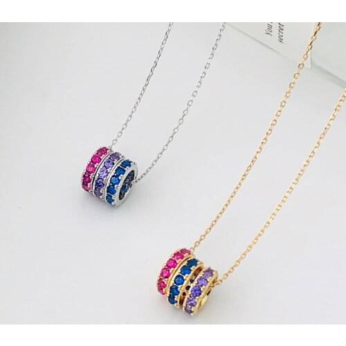18K Gold 100% Authentic 925 Sterling silver Rainbow cz colored set Three-Circles Pendant Choker Necklace FINE Jewelry TLX1034