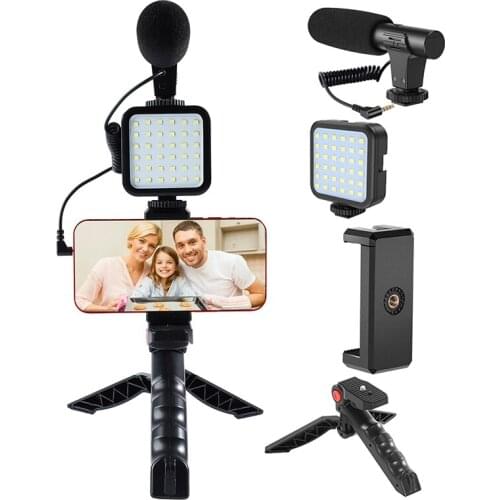 Vlogging Kit With Microphone & LED Light Tripod Holder Handle Bracket For Photography Smartphone Video for iPhone & Android