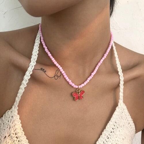 Lalynnly Refreshing Bohemian Style Butterfly Patteren Pendant Necklace For Female Women Acrylic Beads Necklace Jewelry N9061