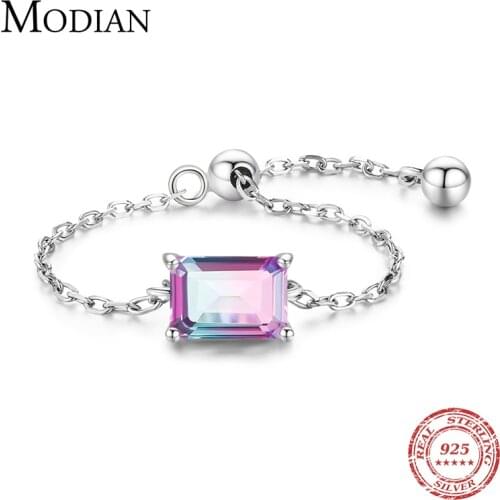 Modian Authentic 925 Sterling Silver Dazzling Emerald Cut Watermelon Tourmaline Adjustable Link Finger Rings For Women Jewelry