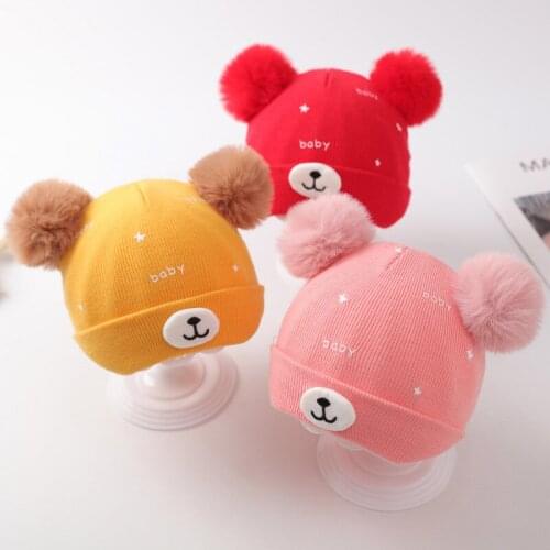 Cartoon Bear Baby Hat Winter Warm Cute Pompom Newborn Baby Boys Girls Cap Beanies Outdoor Soft Knitted Kids Hat Bonnet 0-12Month