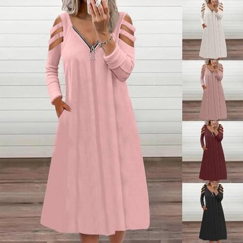 Autumn V-neck Sexy Long Dress New Solid Color Long-sleeved Dress Fashion Loose Plus Size Ladies Dress