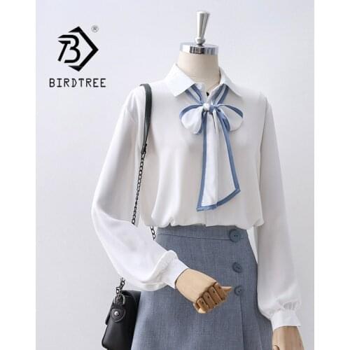 Autumn Women Vintage Lantern Sleeve White Chiffon Blouse With Ribbon Turn-Down Collar Button Up Elegant Shirts Fall Spring Tops