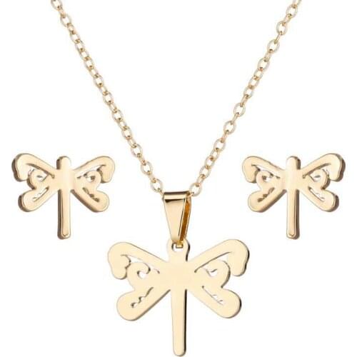 AsJerlya Necklace Stud Earrings Dragonfly Pendant Stainless Steel Chain Collar For Women Jewelry Set Wholesale Dropshipping