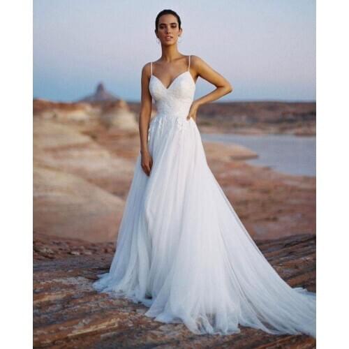 Wedding Dress A-Line Sweetheart Spaghetti Straps Backless Button Lace Appliques Tulle Floor Length Sweep Train Bride Gown New