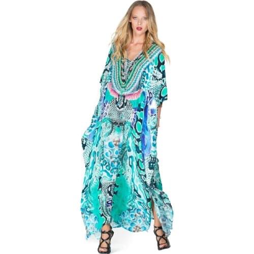 Casual Bikini Cover-ups Blue Tunic Boho Printed Summer Beach Dress Elegant Women Plus Size Beach Wear Swim Suit Cover Up Q1098