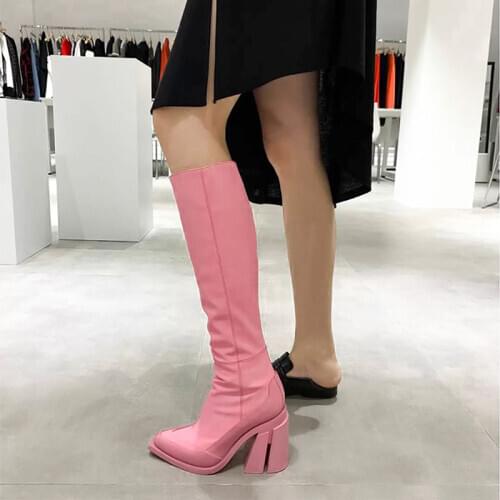 New Fashion Pink Knee-High Boots For Women Pointed Toe Side Zipper Boots Female Stretch High Heels Shoes Women Botines Mujer
