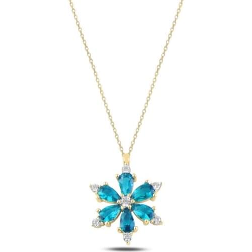 Silver 925 Sterling Lotus Flower Aquamarine Zircon Cubic Zirconia Necklace
