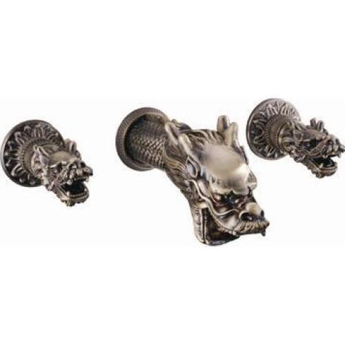 Free shipping double Handles antique clour Widespread Dragon Pattern Bathroom wall mounted Sink Faucet