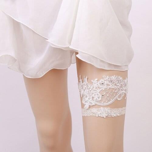 Wedding Garter Rhinestone Embroidery Flower White Sexy 2pcs set Garters for Women/Female/Bride Thigh Ring Bridal Leg Garter 5306