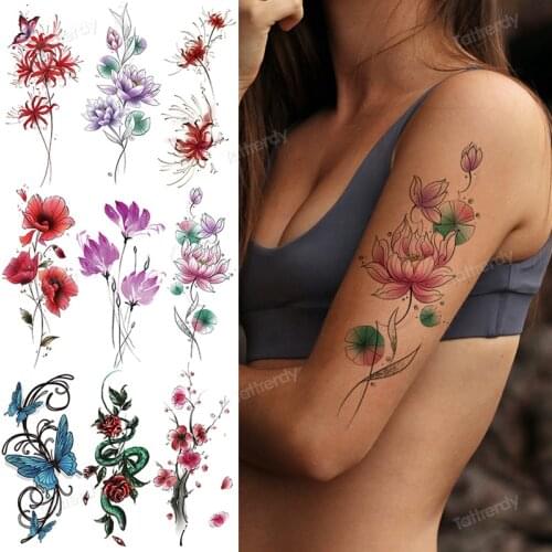 Arm sleeve temporary tattoo flower women body art stickers waterproof tattoo water transfer color daisy lotus unique flowers