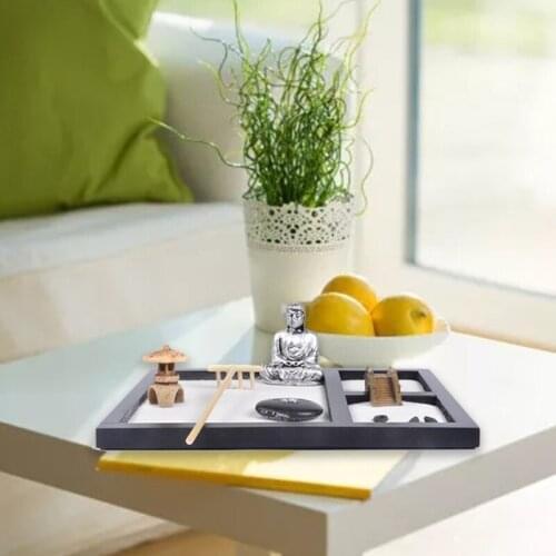 Japanese Zen Garden for Desk 8x7 Inches Large Wood Tray White Sand River Rocks Rake Tools Set Office Table Accessories