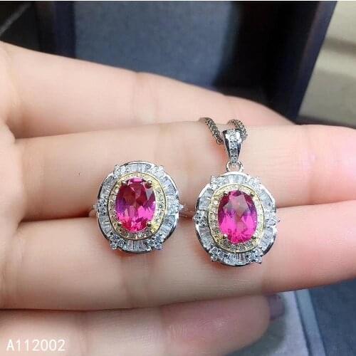 KJJEAXCMY fine jewelry natural pink topaz 925 sterling silver women gemstone pendant necklace ring set support test beautiful