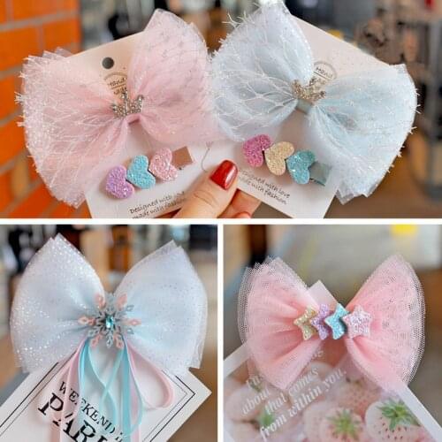 Pink Blue Sweet Girls Hair Bows on Clips Handmade Hairpin Snow Mesh Hairbow Girls Hairgrips Crown Streamer Princess Accessories