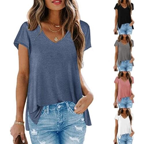 T-shirt V Neck Breathable Women Solid Color Loose Blouse for Daily Wear