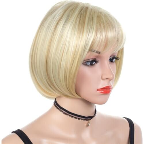 Women Wig Blond Bob Female Synthetic Hair Short Straight Wigs with Bang Highlight High Temperature Fiber 12inch