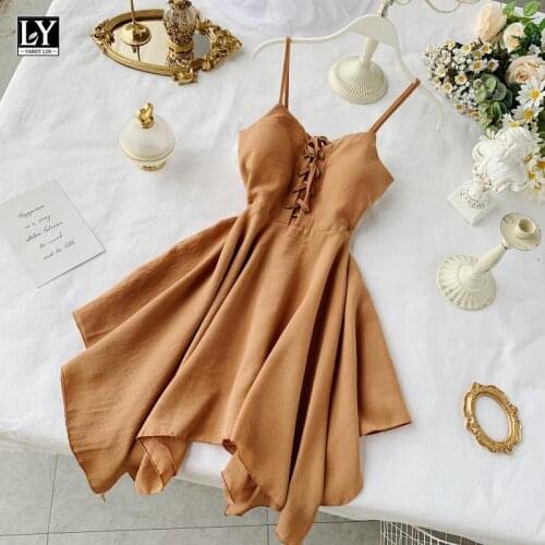 LY VAREY LIN 2021 Summer Women V Neck Sleeveless High Waist Dress Sexy Spaghetti Strap Dresses Female Ladys Sash Tie Up Dress