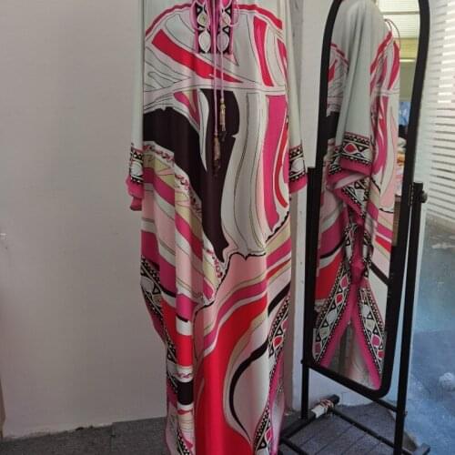 Pink abstract floral cross border maxi knitted dress women robe 20 summer long casual beach sexy loose dresses plus size