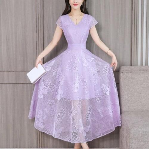 2021 Elegant Vintage Butterfly Embroidery Womens Party V-Neck S-3XL Short Sleeve Lace Beach Bohe Female Summer Vestidos Dress