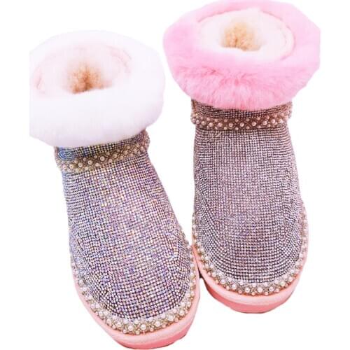Winter luxury sheepskin rhinestone stitching rabbit fur riding boots warm womens boots foreign trade large size 9 10 40 41