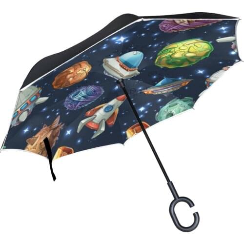 New Design Cartoon Space Print Car Reverse Umbrella Sunny Rainy Windproof Double Layer Inverted Rain Umbrella Male Drop Shipping