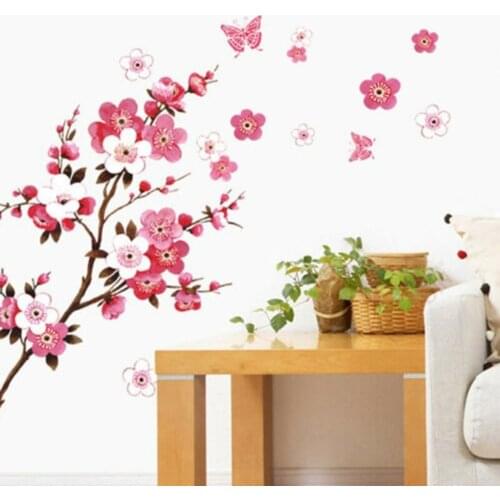 120x50cm Peach Cherry Blossom Flower Butterfly Wall Stickers Living Room Bedroom Exquisite Decals Art Home Room Decoration
