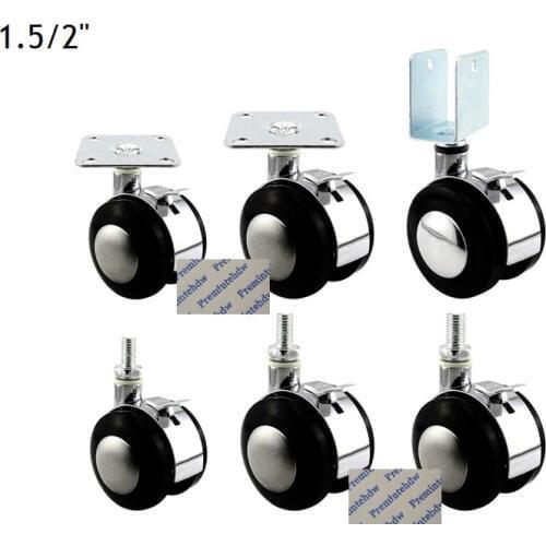 4Pcs/Lot 1.5" 2" Zinc Alloy Twin Swivel Wheel Caster Locking Plate M8 M10 Thread Bolt Universal Castor With Brake Chrome