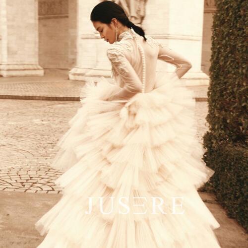 Champagne color ball gown high collar long sleeves applique cascading ruffles chapel train evening dress prom dress