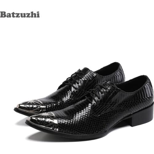 Batzuzhi Italian Style Mens Shoes Fashion Pointed Metal Toe Black Genuine Leather Dress Shoes Men Lace-up Business Footwear