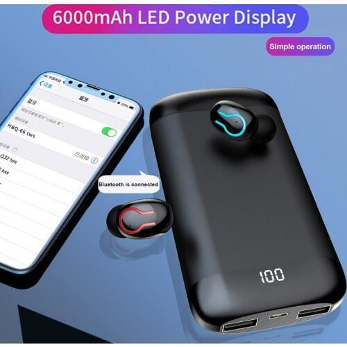 Q66 Wireless V5.0 Bluetooth Headset HD Stereo Headset Sports Waterproof Headset, 6000mAh Battery Charging Box TWS Earphones