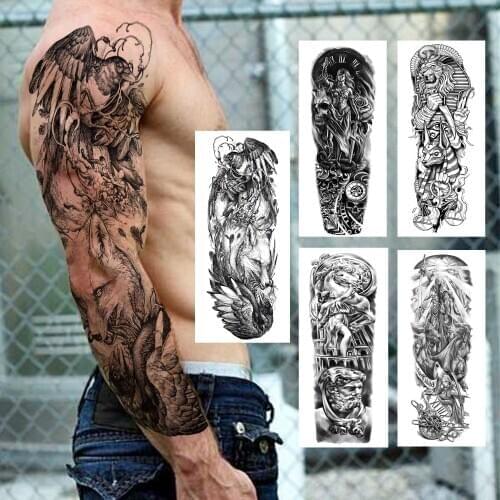 Black Eagle Wolf Temporary Tattoo Sleeve For Men Women Realistic Samurai Nun Shangdu Lion Fake Tattoo Sticker Big Full Arm Tatoo