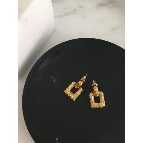 Women Jewelry Brass With 18K Gold Lava Square Shape Drop Earrings Punk Party Gown Runway Rare South Korean Japan Boho