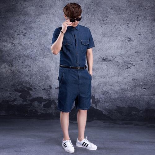 Siamese denim mens jumpsuit denim suit Siamese mens tide jumpsuit mens wear tide denim shorts short sleeve summer